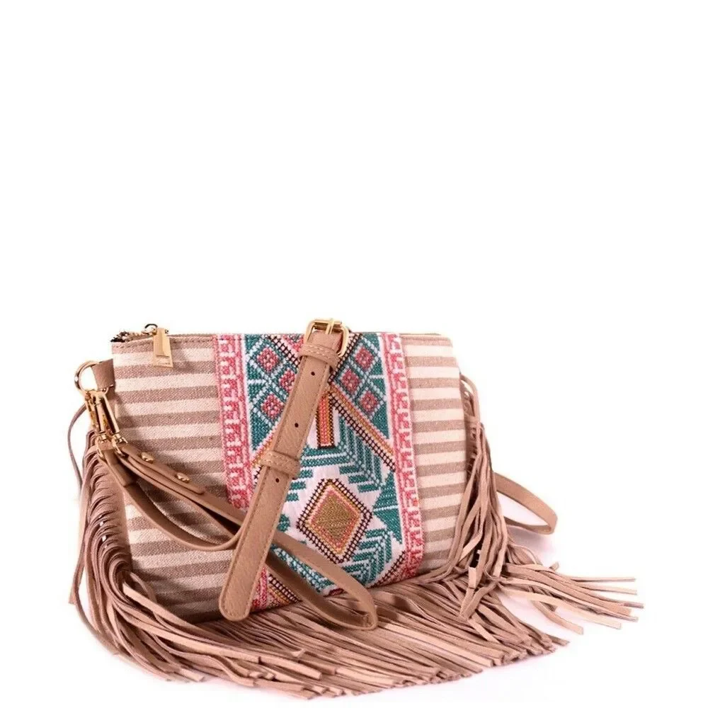 Aztec Tribal Print Canvas Genuine Leather Side Fringe Medium Crossbody Handbag